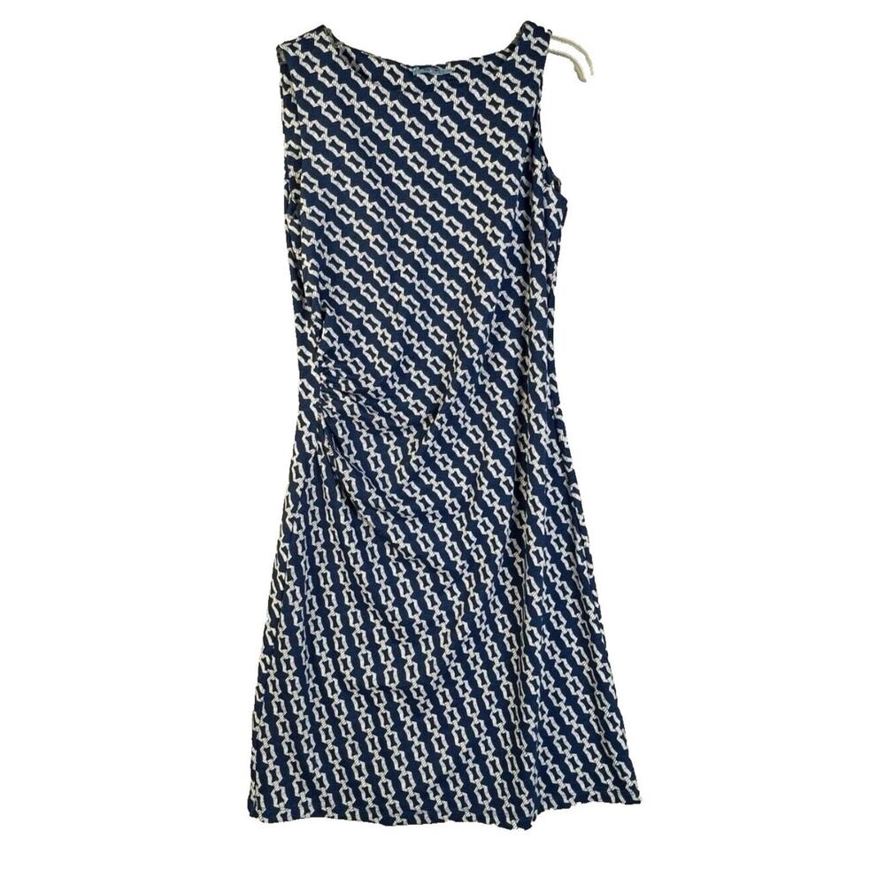J. McLaughlin Dress Women Medium Blue Graphic Nylon Ruched Side Feminine Work